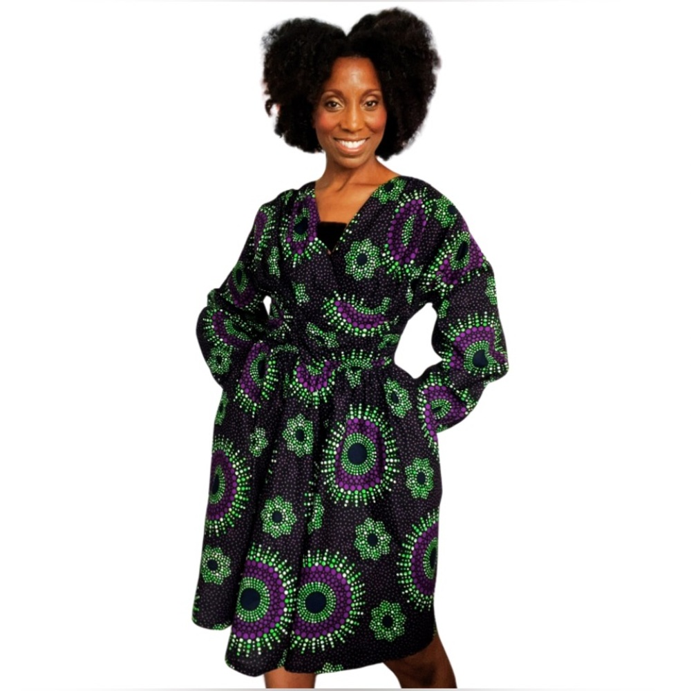 TRIBALBYN || MIDI W/PUFFED SHOULDERS || GREEN PURPLE AND BLACK DRESS || SIZE: XL